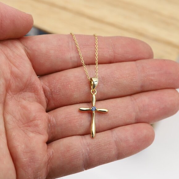 Silver Cross Natural Blue Sapphire Cross Pendant plated with 14k gold - Picture 3 of 7